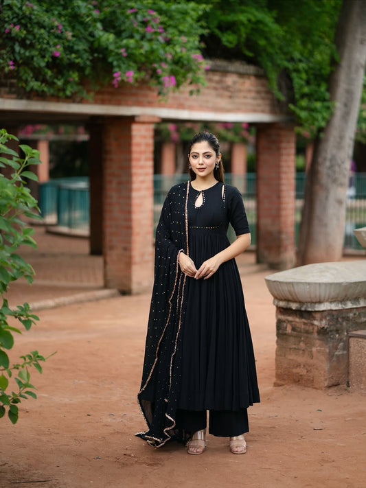 black Anarkali suit set with a dupatta