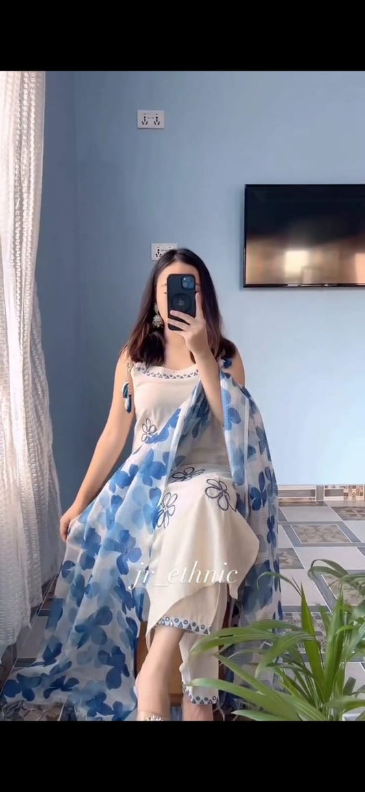 Hand Work Soft Cotton Kurta Pant Dupatta Set