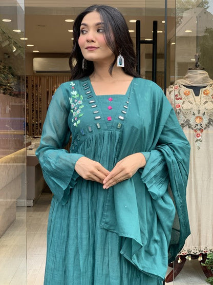 Women Teal Blue Cotton Embroidery Kurta Pant and Dupatta set