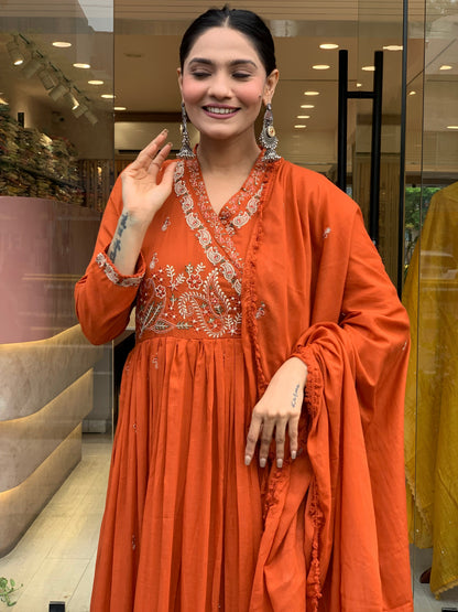 Women Orange Cotton Angrakha Kurta Pant and Dupatta set