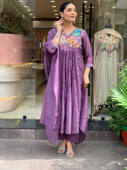 Women Purple Cotton Embroidery Kurta Pant and Dupatta set