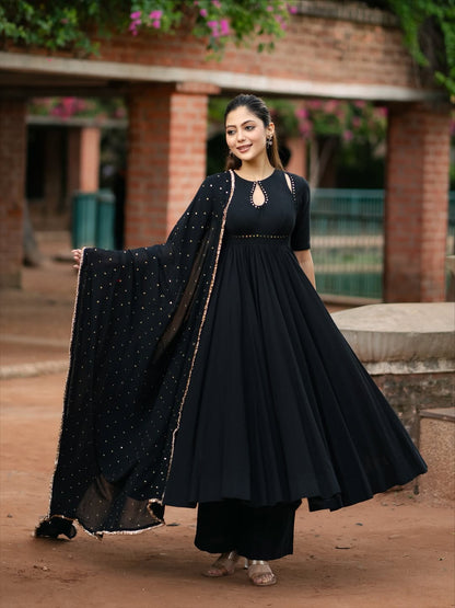 black Anarkali suit set with a dupatta