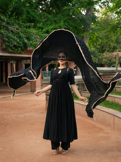 black Anarkali suit set with a dupatta