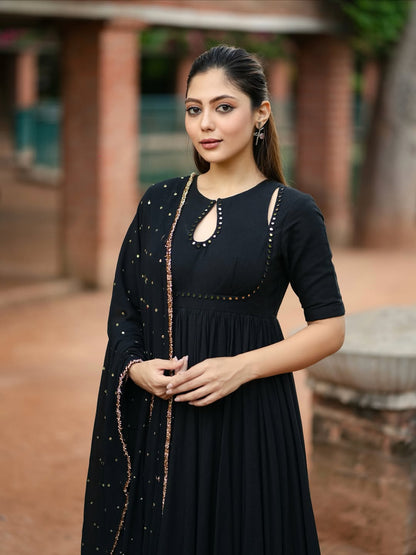 black Anarkali suit set with a dupatta