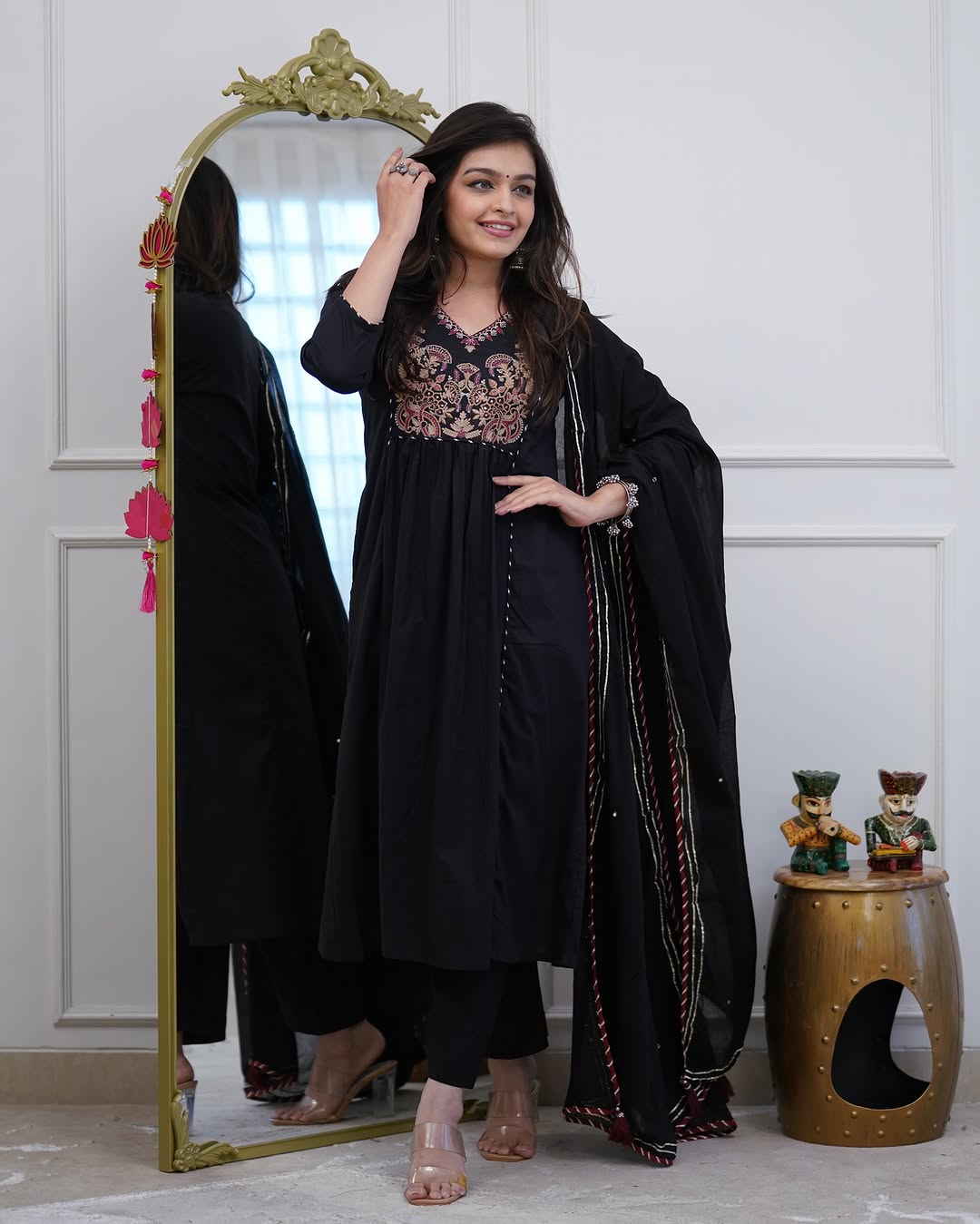 Rust Orange & Black Embroidered Kurta Set With Dupatta