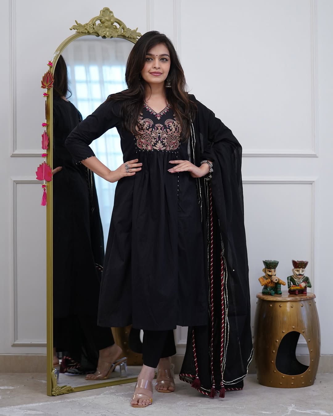 Rust Orange & Black Embroidered Kurta Set With Dupatta
