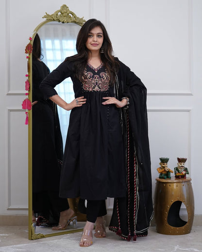 Rust Orange & Black Embroidered Kurta Set With Dupatta