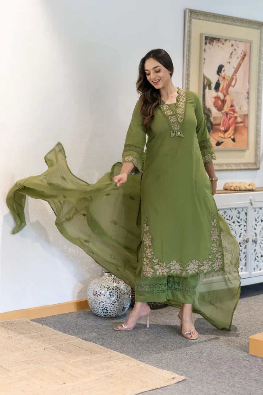 Women Green Cotton Embroidery GPO Lace Kurta Pant and Dupatta set