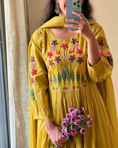 Women Yellow Anarkali Cotton Embroidery Kurta Pant and Mal Dupatta set
