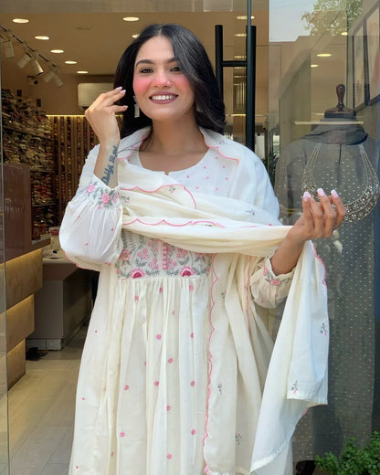 Women White Super Dyeing Cotton Embroidery Kurta Pant and Dupatta set