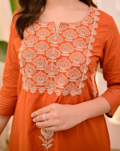 Women Rust Cotton Thread Embroidery Kurta Pant and Dupatta set
