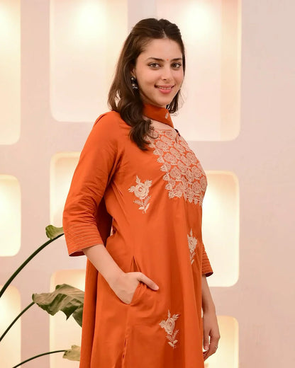 Women Rust Cotton Thread Embroidery Kurta Pant and Dupatta set
