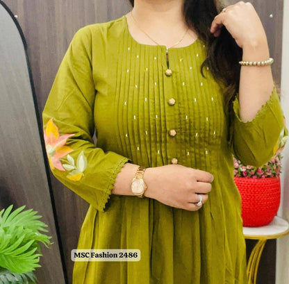 Women Green Cotton Embroidery Buttons Kurta Pant and Dupatta set
