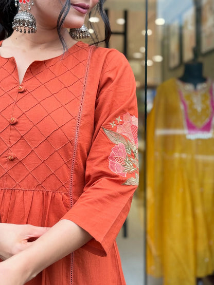 Women Orange Cotton Dreamy Embroidery Kurta Pant and Dupatta set