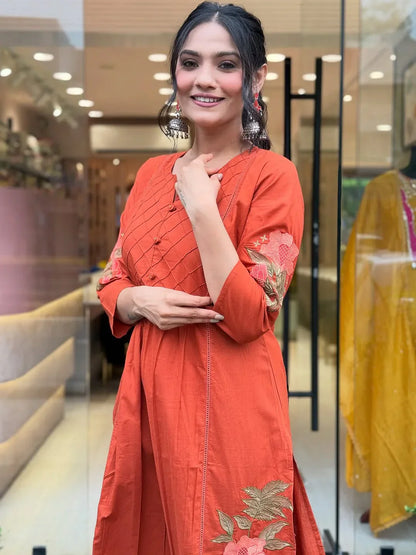 Women Orange Cotton Dreamy Embroidery Kurta Pant and Dupatta set