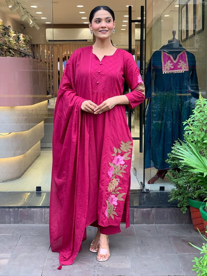 Women Pink Cotton Dreamy Embroidery Kurta Pant and Dupatta set