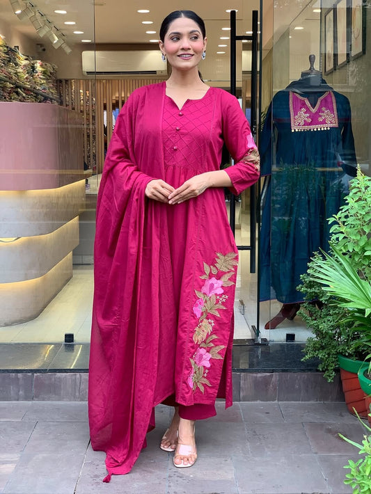 Women Pink Cotton Dreamy Embroidery Kurta Pant and Dupatta set