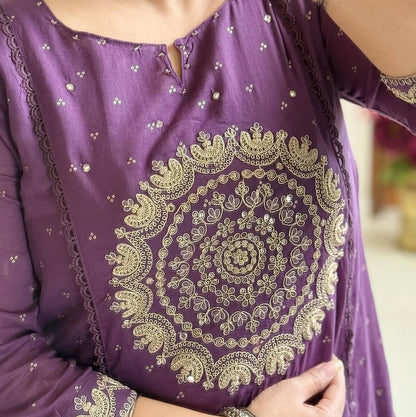 Women Purple Cotton Embroidery Circle Kurta Pant and Dupatta set