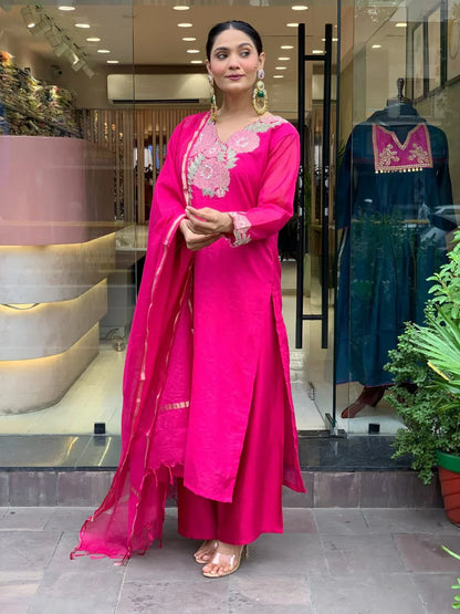 Women Pink Cotton Front Embroidery Detailing Kurta Pant and Chanderi Dupatta set