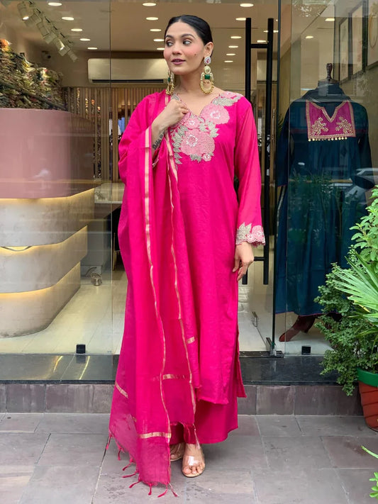 Women Pink Cotton Front Embroidery Detailing Kurta Pant and Chanderi Dupatta set