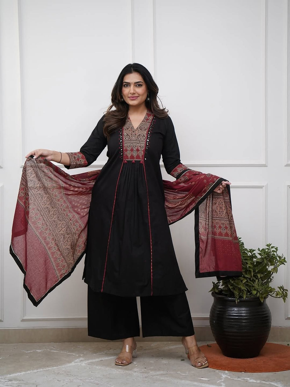 Women Cotton Anarkali Kurta Set with Mirror Work & Dupatta