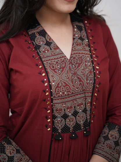 Women Cotton Anarkali Kurta Set with Mirror Work & Dupatta