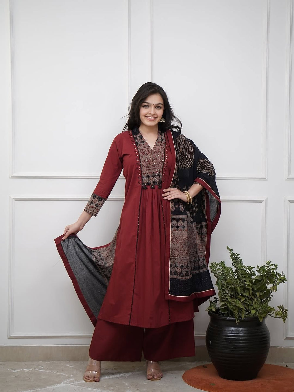 Women Cotton Anarkali Kurta Set with Mirror Work & Dupatta