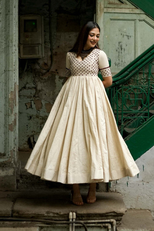 Mohini Cream Embroidered Anarkali Dress – Backless Festive & Wedding Wear for Women