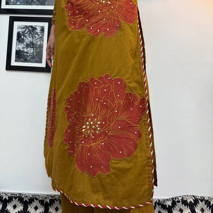 Machine sequin embroidered A line kurta with embroidered lace with lace detailed palazzo printed cotton dupatta