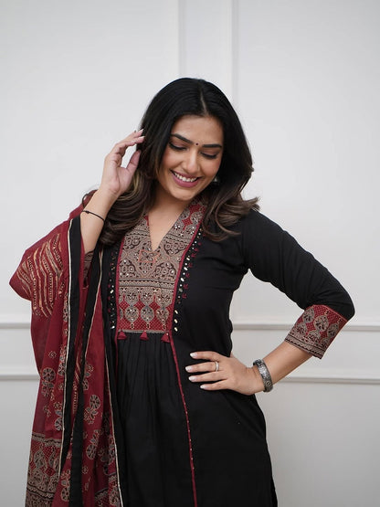 Women Cotton Anarkali Kurta Set with Mirror Work & Dupatta