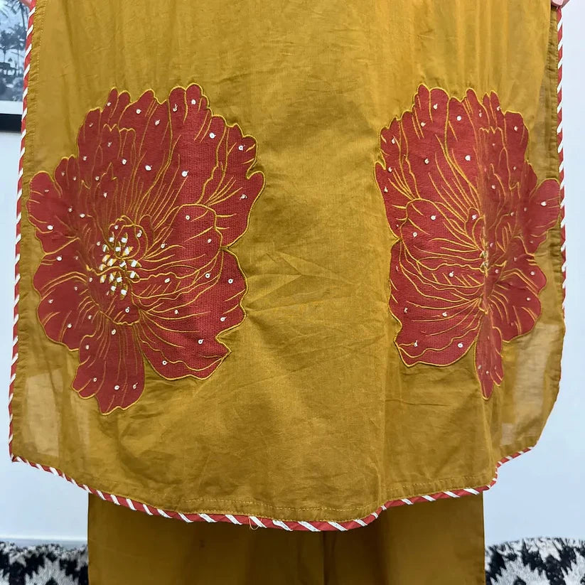 Machine sequin embroidered A line kurta with embroidered lace with lace detailed palazzo printed cotton dupatta