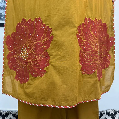 Machine sequin embroidered A line kurta with embroidered lace with lace detailed palazzo printed cotton dupatta